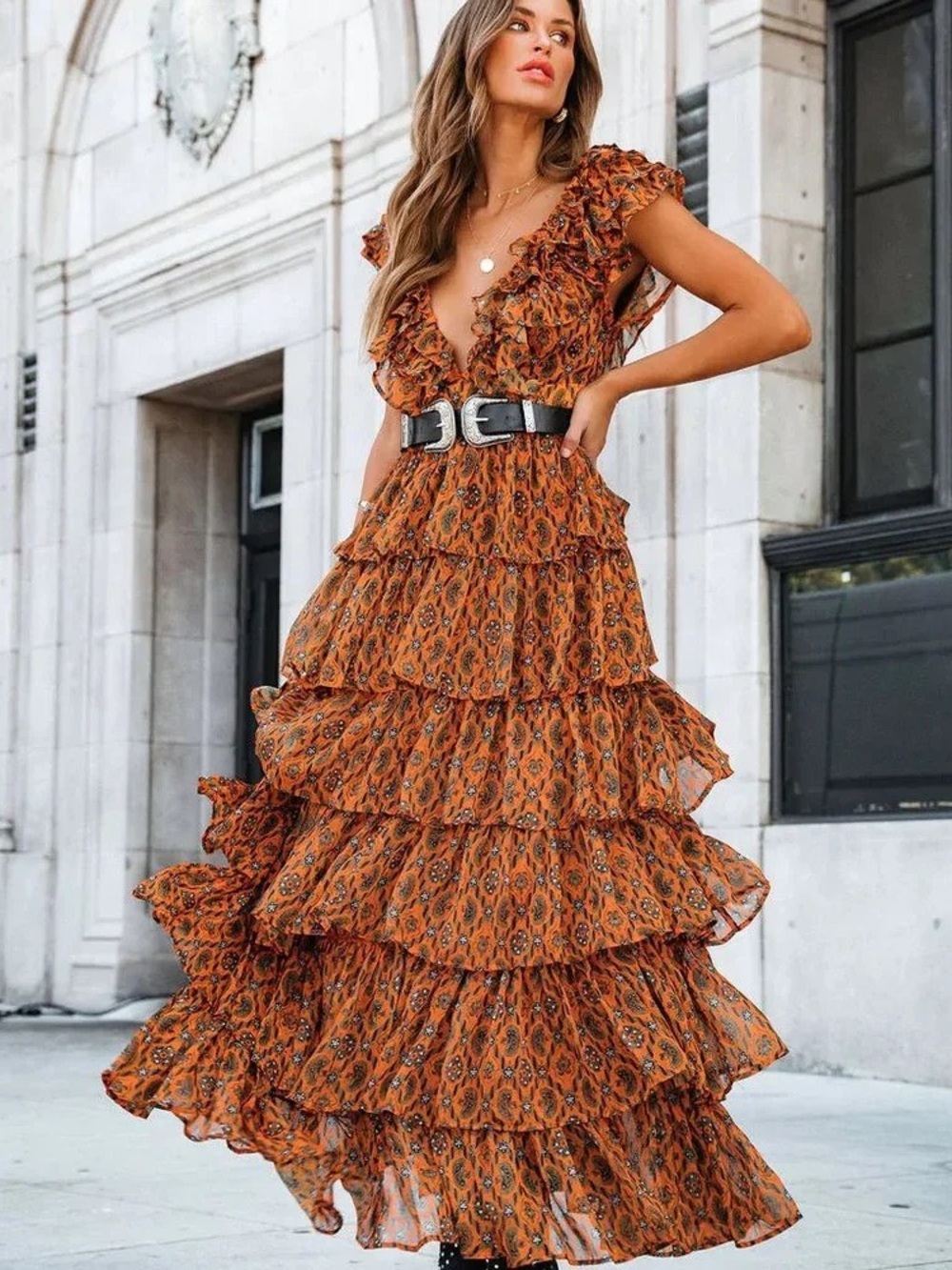 L'ATISTE Rust Orange Tiered Ruffle Maxi Dress